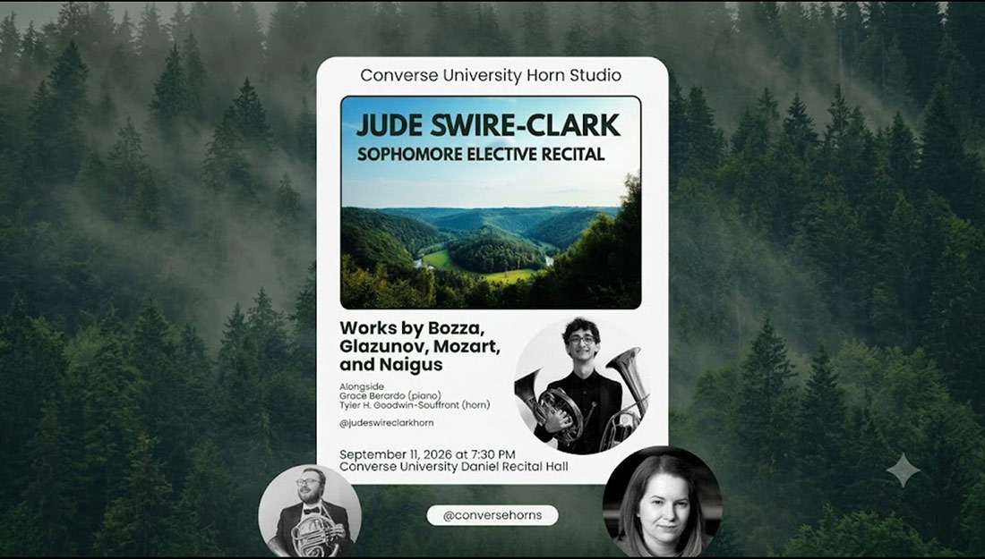 The text: Jude Swire-Clark, elective recital featuring music by Eugene Bozza, Wolfgang Amadeus Mozart, Aleksandr Glazunov, and James Naigus.