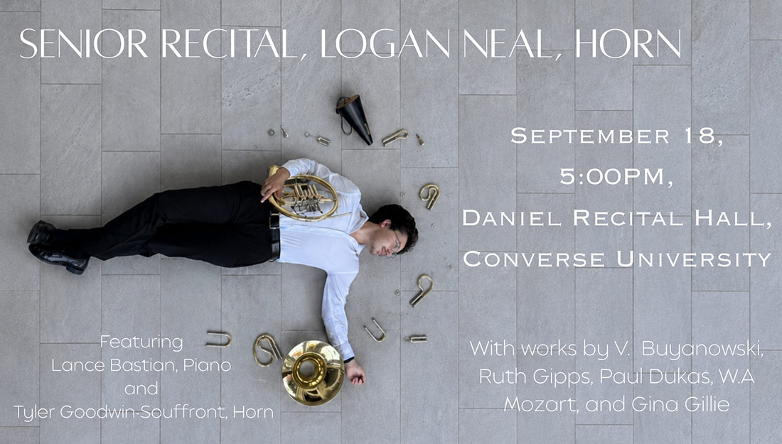 Overhead view of Logan holding a horn
