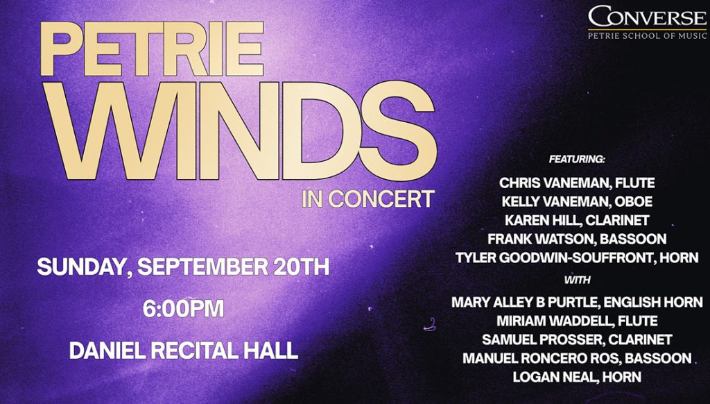 The text "Petrie Winds in Concert" with the artists names.