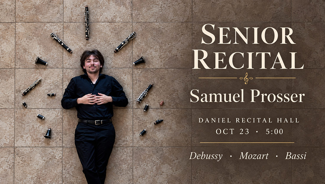 View of Samuel from above, lying on a floor with clarinet pieces around them.