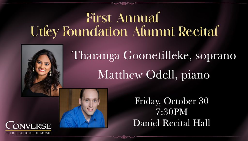 Portraits of Tharange and Matthew with event details.