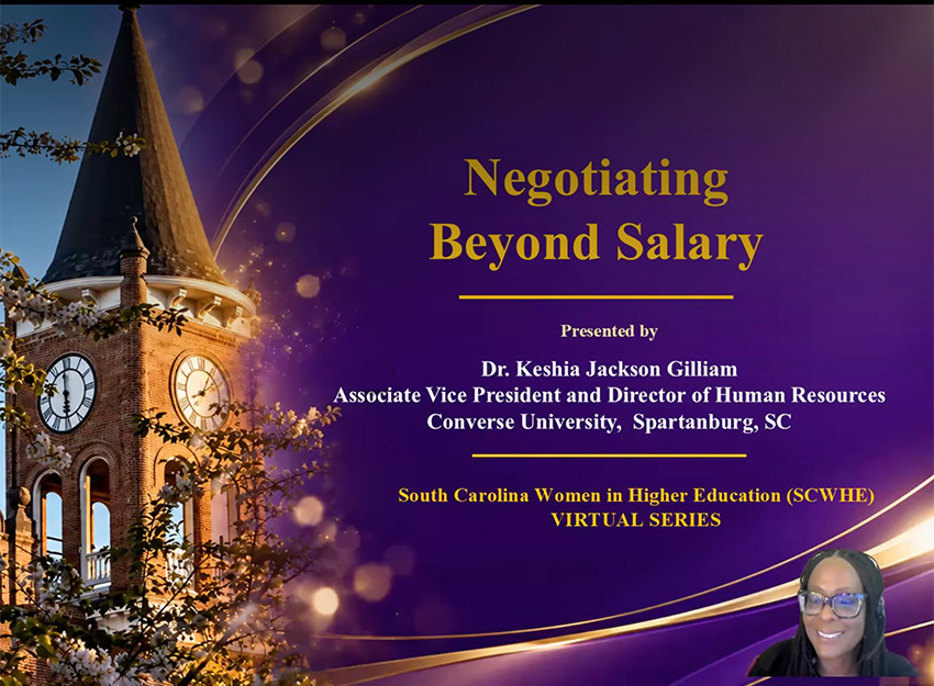 A screenshot from the "negotiating Beyond Salary" presentation with Dr. Gilliam smiling.